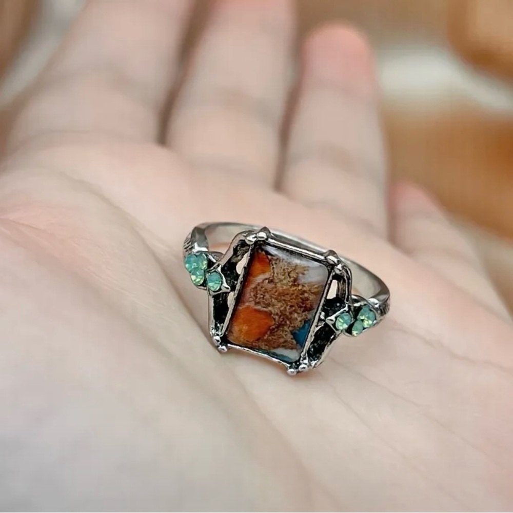 Boho Silver Ring with Brown and Green Stones - Picture 2 of 4